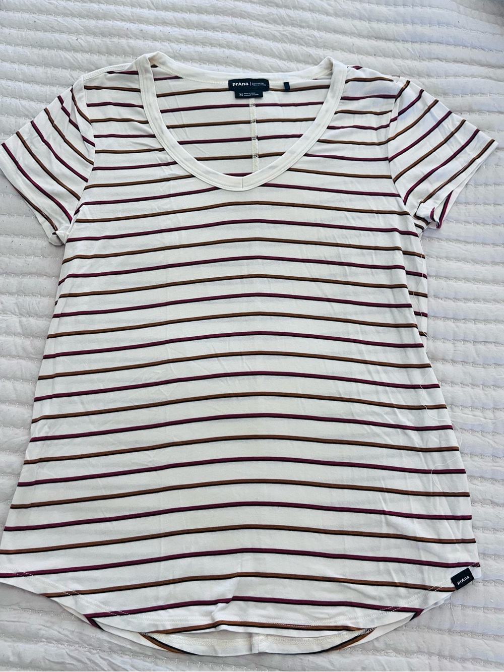 Prana Women's Cream Tee with Burgundy & Brown Stripes